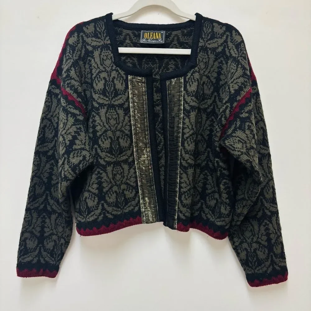 Oleana The Norwegian Story Wool Cardigan – Olive Floral Knit, Vintage, Size M - Picture 4 of 7